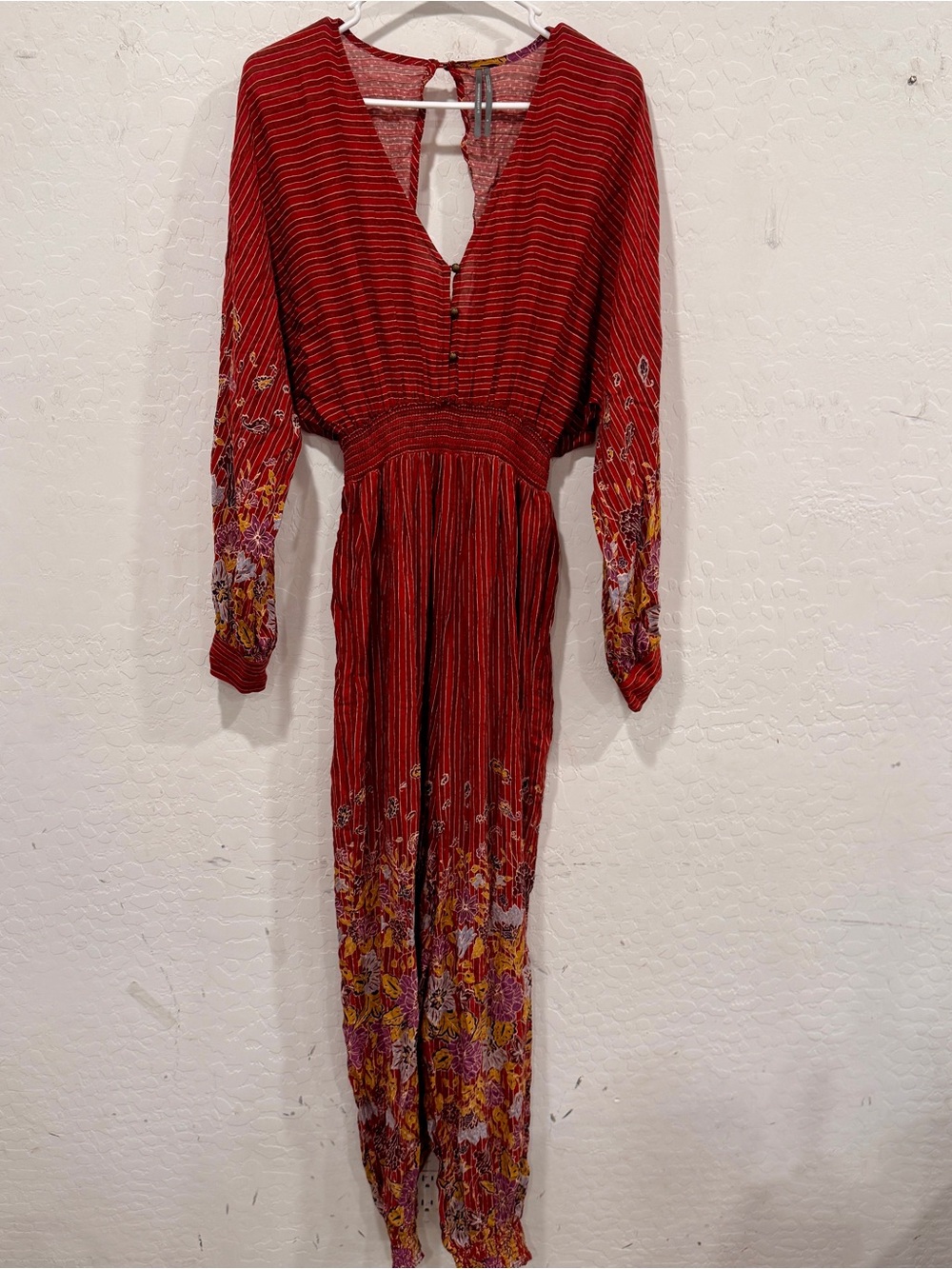 Anthropologie Breezy Open Back Jumpsuit Sz S Striped Floral Boho Wide Leg